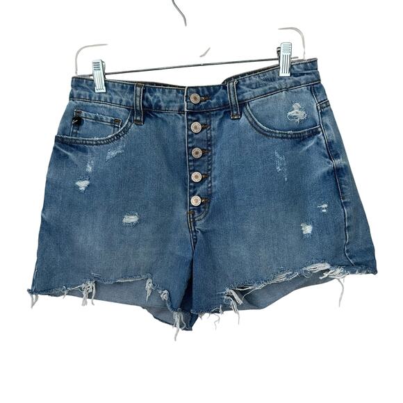KanCan Button Fly Mom‎ Shorts High Rise Womens Large Distressed 100% Cotton Blue - Picture 1 of 7